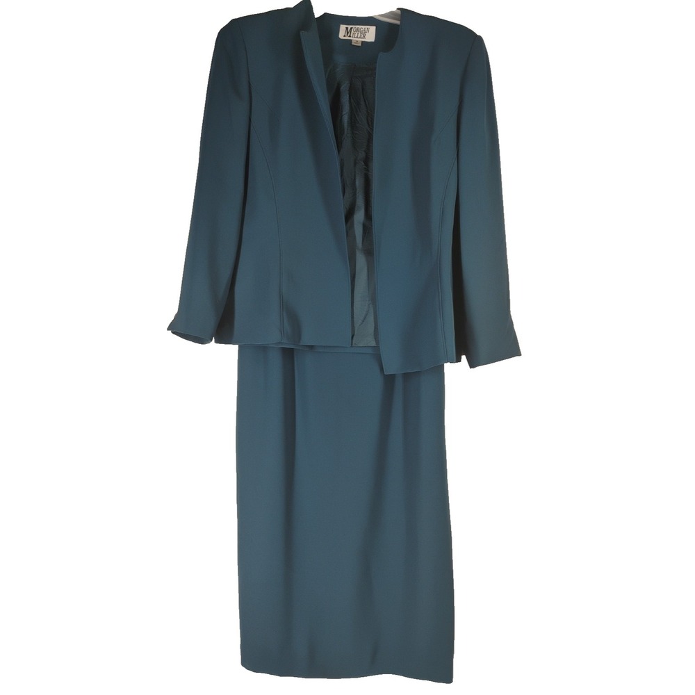 Vintage Morgan Miller 2pc Womens Sz 16 Dark Teal Skirt & Jacket Outfit Suit Set